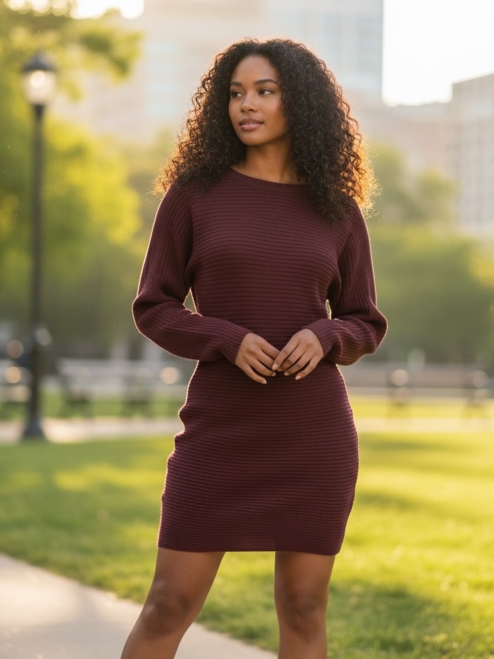 Ribbed Long-Sleeve Sweater Dress in Deep Burgundy